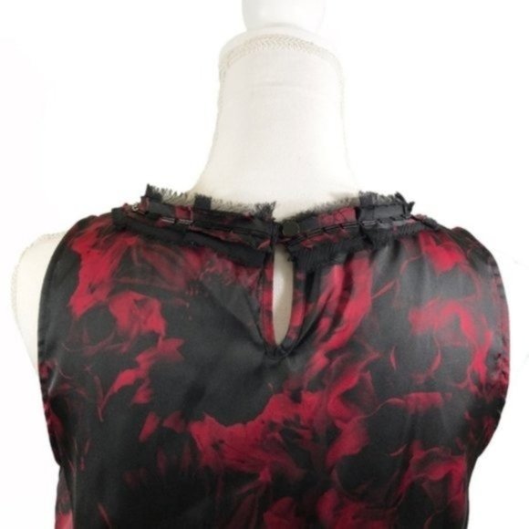Dana Buchman Black Floral Watercolor Ruffle Beaded Neckline Work Blouse Tank Top - Picture 5 of 7